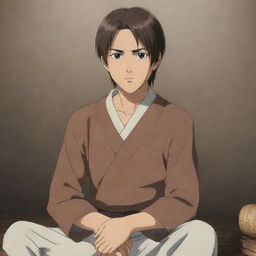 An anime depiction of Eren Jaeger's son, bearing similar features, long adolescent brown hair, tall and slightly thin. He has a serious expression, adorned in traditional villager clothes, comfortably seated.