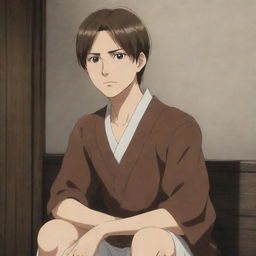 An anime depiction of Eren Jaeger's son, bearing similar features, long adolescent brown hair, tall and slightly thin. He has a serious expression, adorned in traditional villager clothes, comfortably seated.