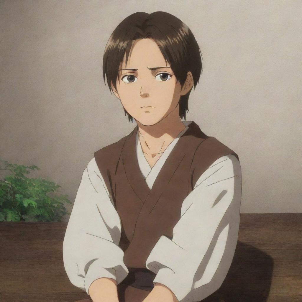 An anime depiction of Eren Jaeger's son, bearing similar features, long adolescent brown hair, tall and slightly thin. He has a serious expression, adorned in traditional villager clothes, comfortably seated.