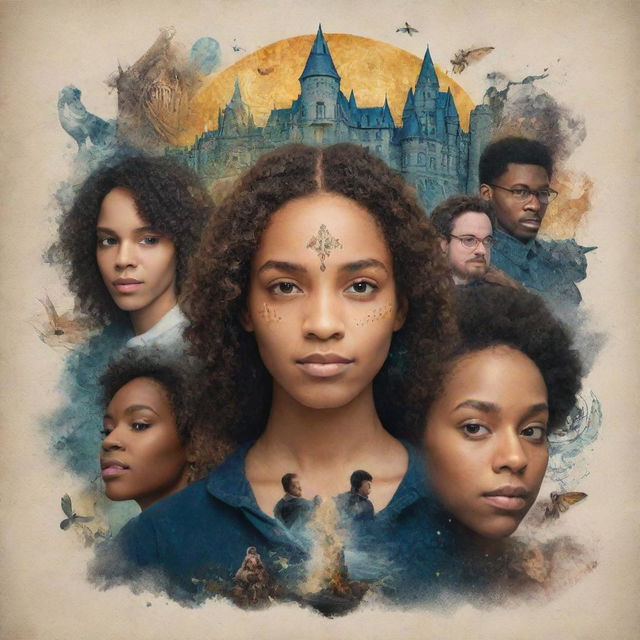 Combine all the previously generated images into one cohesive piece that showcases their unique elements, harmoniously blending the portraits, scenes, and symbols of magic.