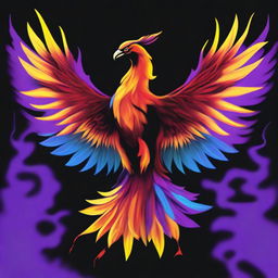 A brown-red phoenix bird with long blue and yellow wings, surrounded by purple flames around the wings and red smoke coming out of its eyes