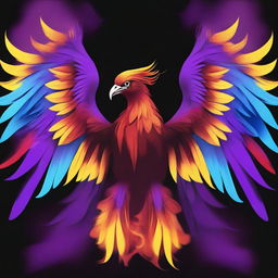 A brown-red phoenix bird with long blue and yellow wings, surrounded by purple flames around the wings and red smoke coming out of its eyes