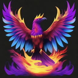 A brown-red phoenix bird with long blue and yellow wings, surrounded by purple flames around the wings and red smoke coming out of its eyes