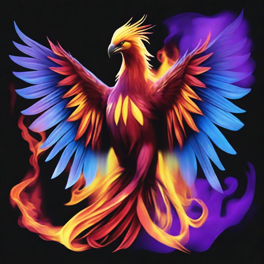 A brown-red phoenix bird with long blue and yellow wings, surrounded by purple flames around the wings and red smoke coming out of its eyes