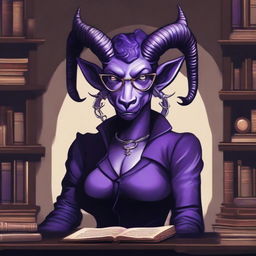 A detailed illustration of a purple-skinned female Tiefling with glasses, a curvaceous body type, curled ram-style horns, silver eyes, and dark academia style clothing