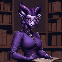 A detailed illustration of a purple-skinned female Tiefling with glasses, a curvaceous body type, curled ram-style horns, silver eyes, and dark academia style clothing