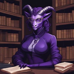 A detailed illustration of a purple-skinned female Tiefling with glasses, a curvaceous body type, curled ram-style horns, silver eyes, and dark academia style clothing