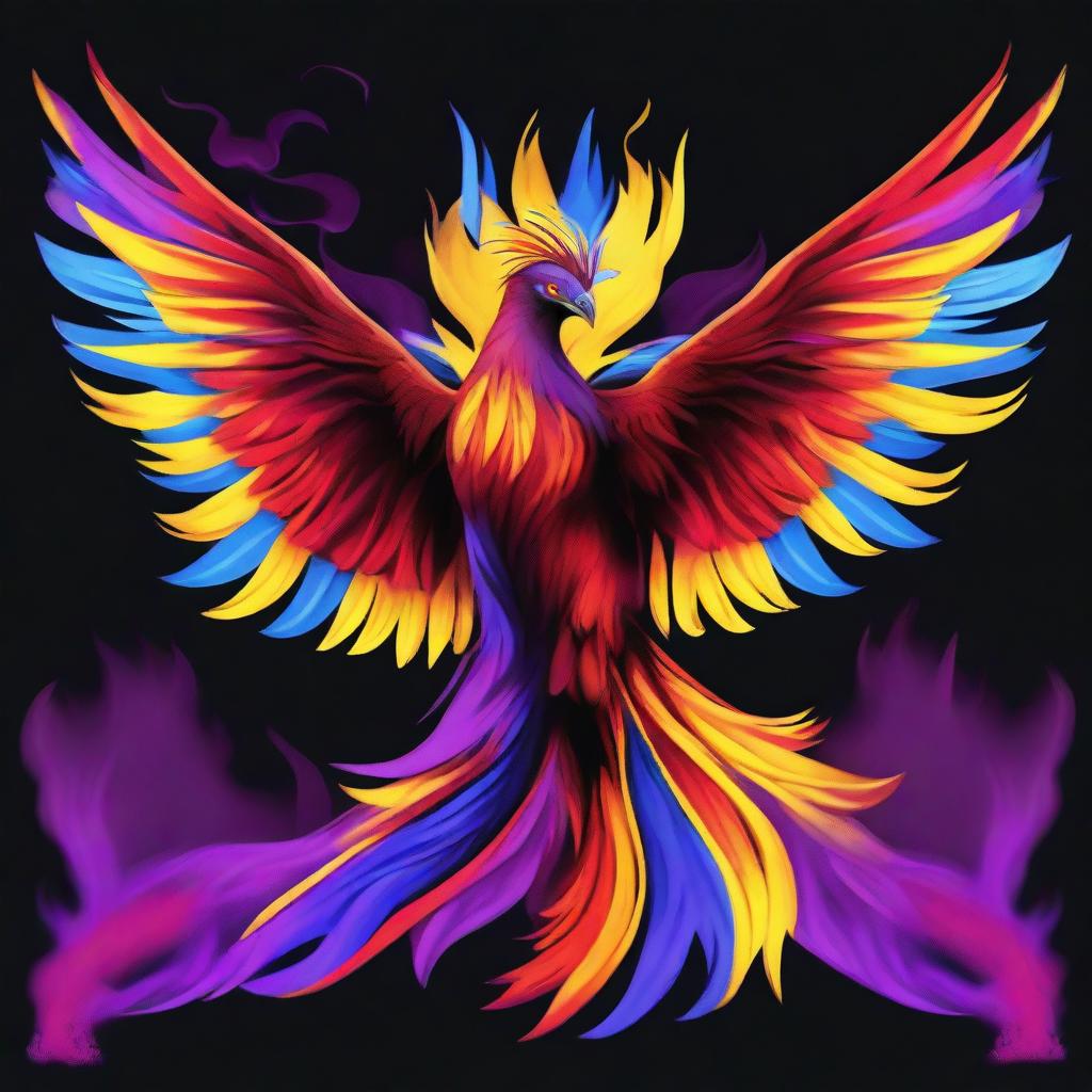 A majestic brown-red phoenix bird with long blue and yellow wings, surrounded by purple flames