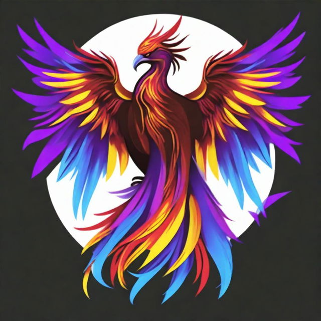 A majestic brown-red phoenix bird with long blue and yellow wings, surrounded by purple flames