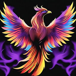 A majestic brown-red phoenix bird with long blue and yellow wings, surrounded by purple flames