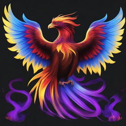 A majestic brown-red phoenix bird with long blue and yellow wings, surrounded by purple flames