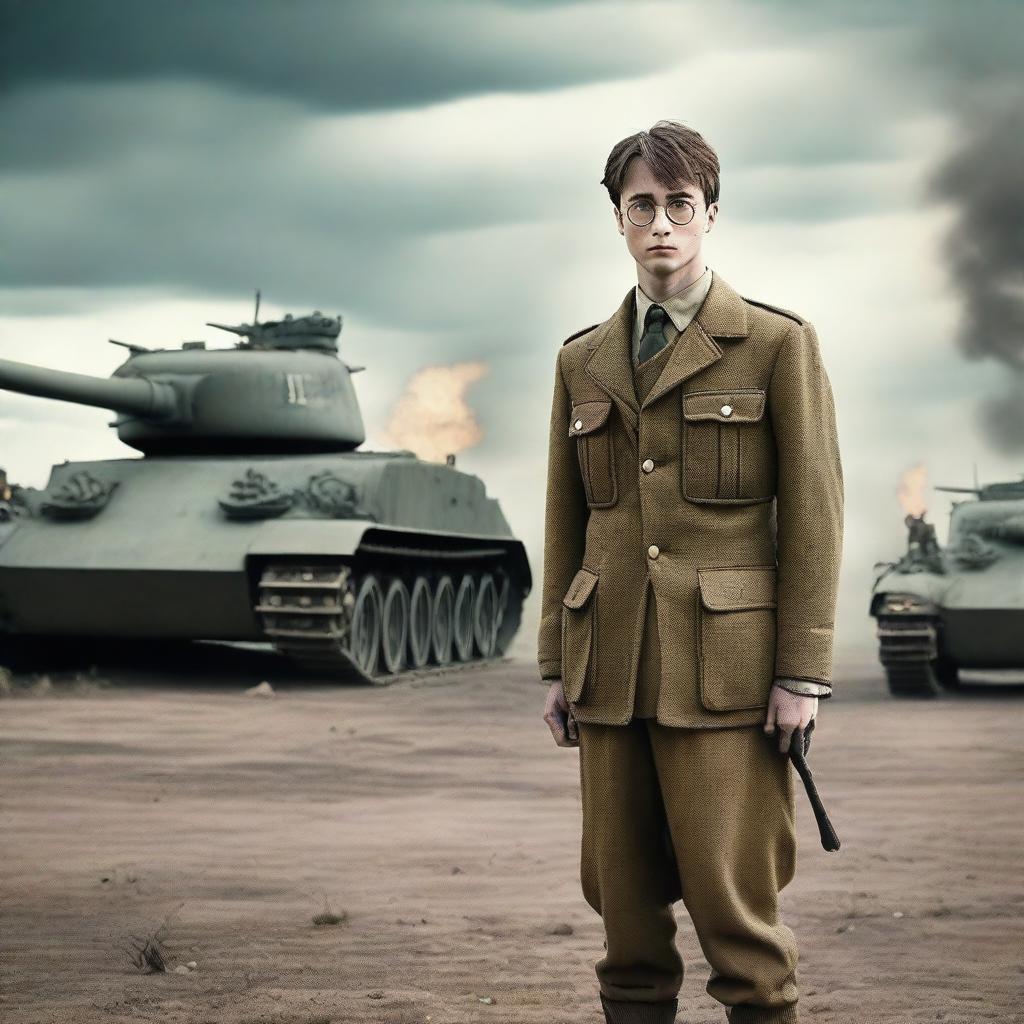 Harry Potter dressed in 1940s military uniform, standing in a World War II battlefield with historical tanks and soldiers in the background