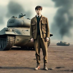 Harry Potter dressed in 1940s military uniform, standing in a World War II battlefield with historical tanks and soldiers in the background