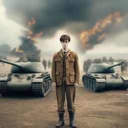 Harry Potter dressed in 1940s military uniform, standing in a World War II battlefield with historical tanks and soldiers in the background