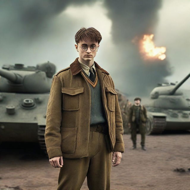 Harry Potter dressed in 1940s military uniform, standing in a World War II battlefield with historical tanks and soldiers in the background