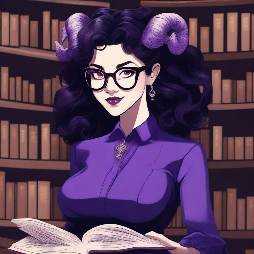 A detailed illustration of a purple-skinned female in her early 20's with glasses, black hair, a curvaceous body type, curled ram-style horns, silver eyes, and dark academia style clothing