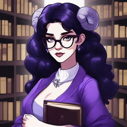 A detailed illustration of a purple-skinned female in her early 20's with glasses, black hair, a curvaceous body type, curled ram-style horns, silver eyes, and dark academia style clothing