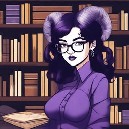 A detailed illustration of a purple-skinned female in her early 20's with glasses, black hair, a curvaceous body type, curled ram-style horns, silver eyes, and dark academia style clothing