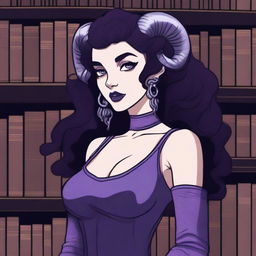 A detailed illustration of a purple-skinned female in her early 20's with black hair, a curvaceous body type, curled ram-style horns, silver eyes, and dark academia style clothing