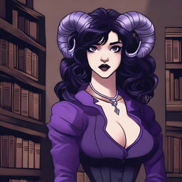 A detailed illustration of a purple-skinned female in her early 20's with black hair, a curvaceous body type, curled ram-style horns, silver eyes, and dark academia style clothing