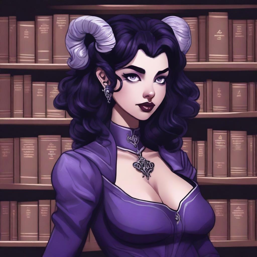 A detailed illustration of a purple-skinned female in her early 20's with black hair, a curvaceous body type, curled ram-style horns, silver eyes, and dark academia style clothing