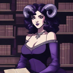 A detailed illustration of a purple-skinned female in her early 20's with black hair, a curvaceous body type, curled ram-style horns, silver eyes, and dark academia style clothing