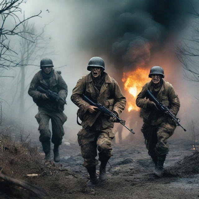 German soldiers in World War II uniforms are engaged in a fierce battle against American army zombies