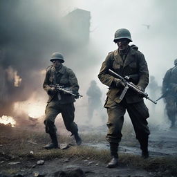 German soldiers in World War II uniforms are engaged in a fierce battle against American army zombies