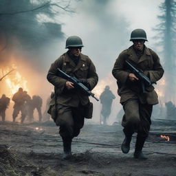 German soldiers in World War II uniforms are engaged in a fierce battle against American army zombies