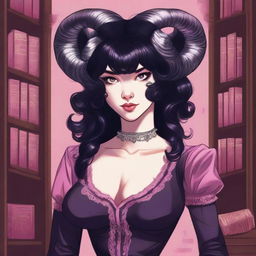 A detailed illustration of a pink-skinned female in her early 20's with black hair, a curvaceous body type, curled ram-style horns, silver eyes, and dark academia style clothing