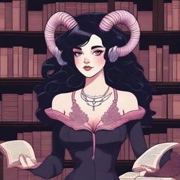 A detailed illustration of a pink-skinned female in her early 20's with black hair, a curvaceous body type, curled ram-style horns, silver eyes, and dark academia style clothing