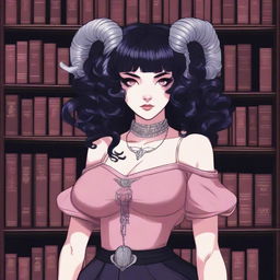 A detailed illustration of a pink-skinned female in her early 20's with black hair, a curvaceous body type, curled ram-style horns, silver eyes, and dark academia style clothing