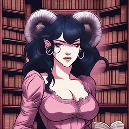 A detailed illustration of a pink-skinned female in her early 20's with black hair, a curvaceous body type, curled ram-style horns, silver eyes, and dark academia style clothing