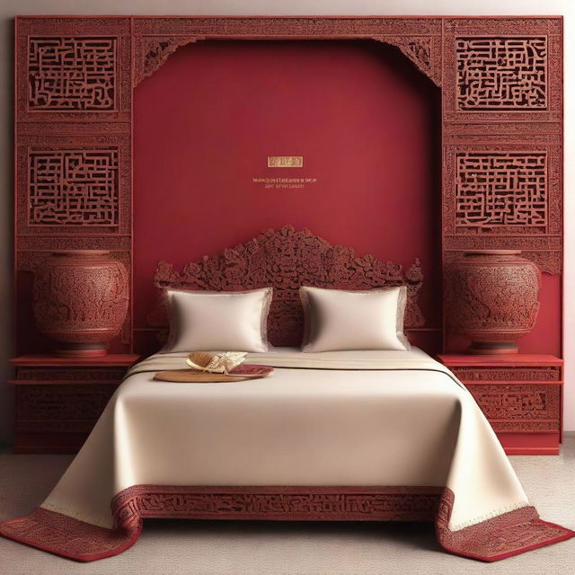 Create a cover page for a book titled 'Carving the Forbidden City' featuring a Chinioti carved bed set