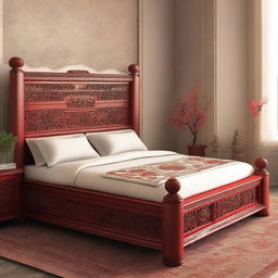 Create a cover page for a book titled 'Carving the Forbidden City' featuring a Chinioti carved bed set