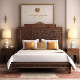 Create a cover page for a book titled 'Carving the Forbidden City' featuring a Chinioti carved bed set