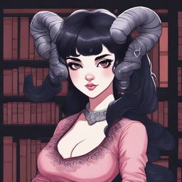 A detailed illustration of a pink-skinned female in her early 20's with black hair, a curvaceous body type, curled ram-style horns, silver eyes, and dark academia style clothing