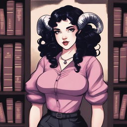 A detailed illustration of a pink-skinned female in her early 20's with black hair, a curvaceous body type, curled ram-style horns, silver eyes, and dark academia style clothing