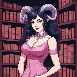 A detailed illustration of a pink-skinned female in her early 20's with black hair, a curvaceous body type, curled ram-style horns, silver eyes, and dark academia style clothing