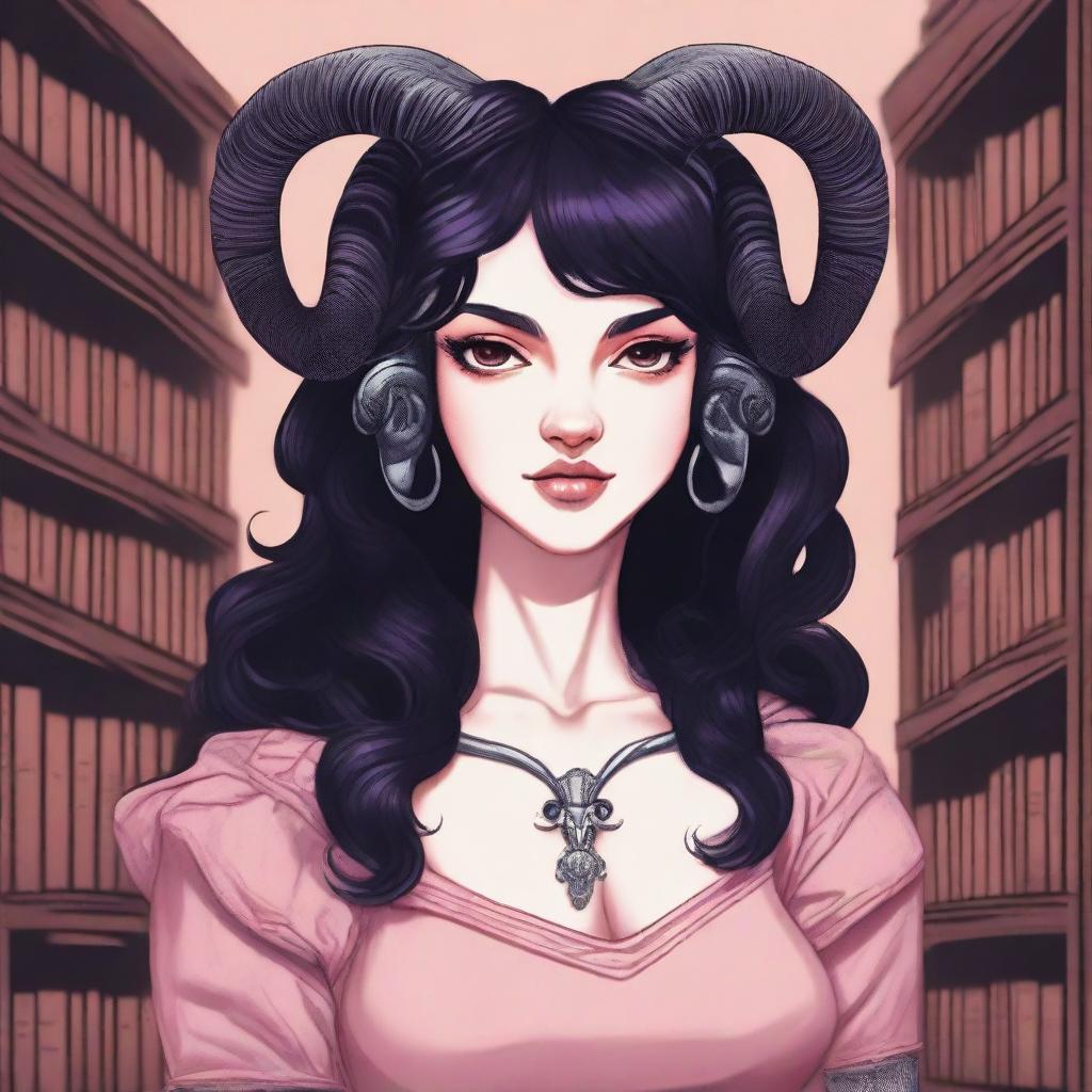 A detailed illustration of a pink-skinned female in her early 20's with black hair, a curvaceous body type, curled ram-style horns, silver eyes, and dark academia style clothing