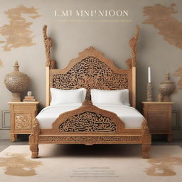 Create a cover page for a book titled 'Beyond the Pagodas: Unveiling the Beauty of Chinoiserie Carved Furniture' featuring a Chinioti carved bed set