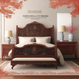 Create a cover page for a book titled 'Beyond the Pagodas: Unveiling the Beauty of Chinoiserie Carved Furniture' featuring a Chinioti carved bed set