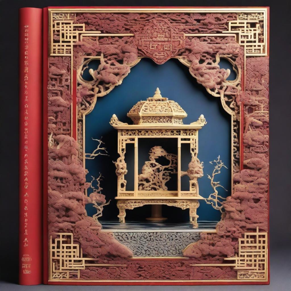 Create a cover page for a book titled 'Beyond the Pagodas: Unveiling the Beauty of Chinoiserie Carved Furniture' featuring Chinioti carved furniture