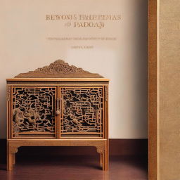 Create a cover page for a book titled 'Beyond the Pagodas: Unveiling the Beauty of Chinoiserie Carved Furniture' featuring Chinioti carved furniture