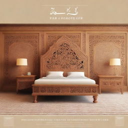 Create a cover page for a book titled 'Whispers of the Far East: A Journey Through Chinioti Carved Furniture' featuring a Chinioti carved bed set that reflects the culture of Pakistani furniture