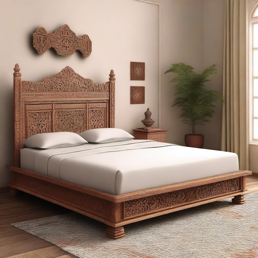 Create a cover page for a book titled 'Whispers of the Far East: A Journey Through Chinioti Carved Furniture' featuring a Chinioti carved bed set that reflects the culture of Pakistani furniture