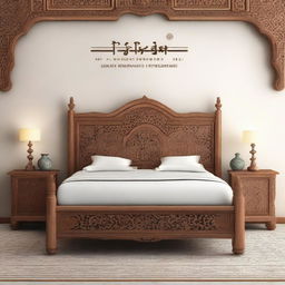 Create a cover page for a book titled 'Whispers of the Far East: A Journey Through Chinioti Carved Furniture' featuring a Chinioti carved bed set that reflects the culture of Pakistani furniture