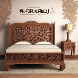 Create a cover page for a book titled 'Whispers of the Far East: A Journey Through Chinioti Carved Furniture' featuring a Chinioti carved bed set that reflects the culture of Pakistani furniture