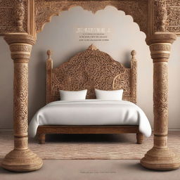 Create a cover page for a book titled 'Whispers of the Far East: A Journey Through Chinioti Carved Furniture' featuring a royal bed set that reflects the culture of Pakistani furniture