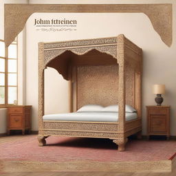 Create a cover page for a book titled 'Whispers of the Far East: A Journey Through Chinioti Carved Furniture' featuring a royal bed set that reflects the culture of Pakistani furniture